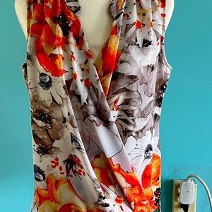 ALFANI Taupe/Orange Floral Wrap Hi-Lo Blouse Size 12
